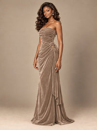 Burgundy Velvet Strapless Ruched Prom Dress with Jeweled Side Drape