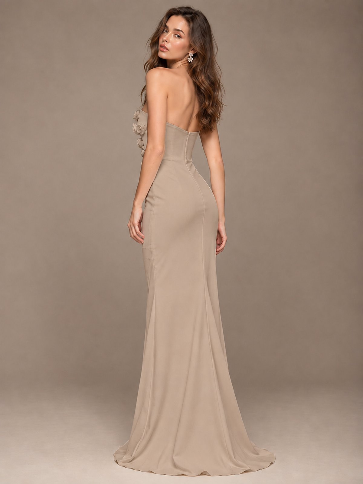 White Strapless Mermaid Maxi Dress with 3D Floral Appliques