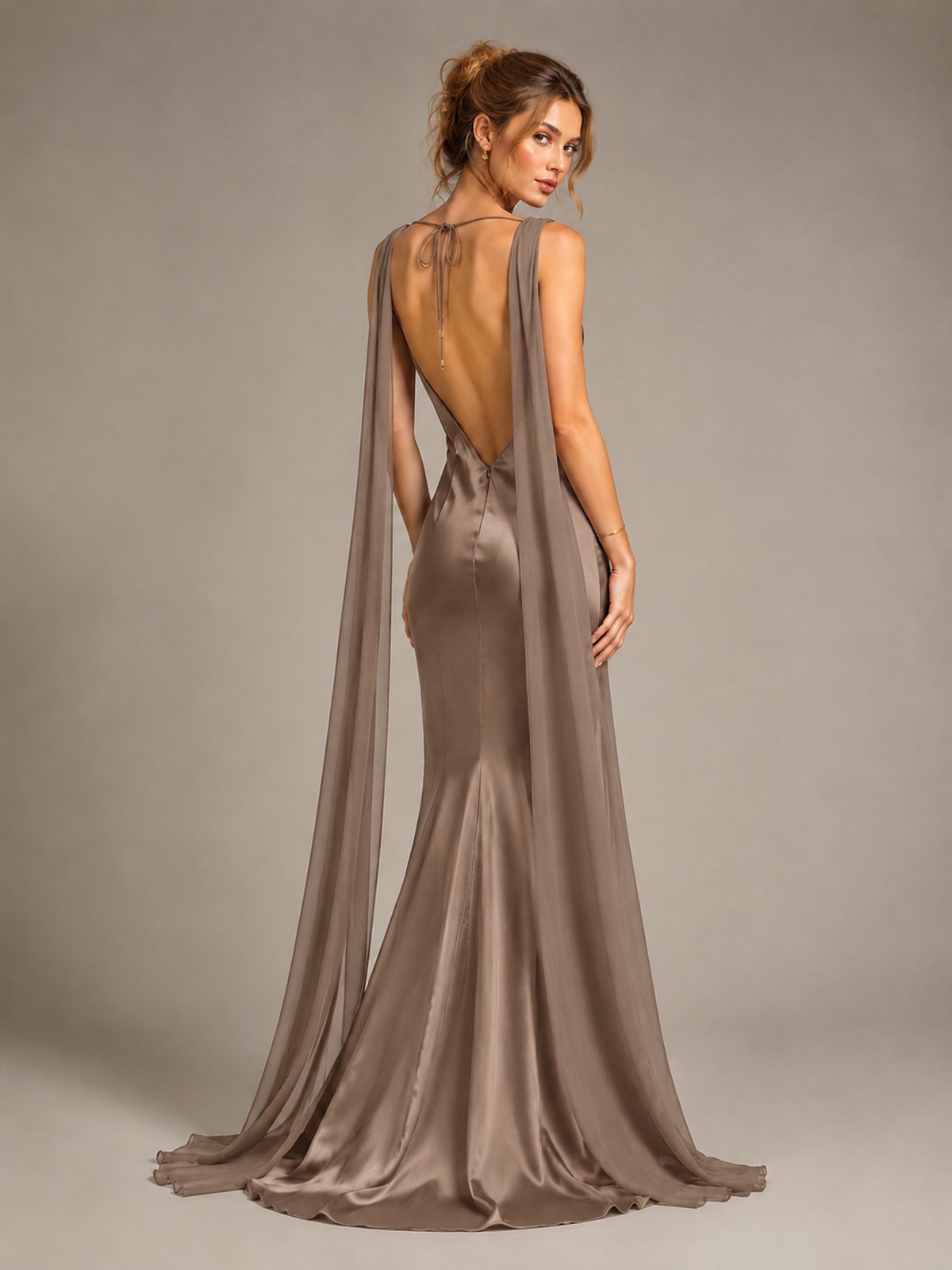 Burgundy Satin Mermaid Cape Maxi Dress