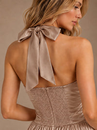Pink V Neck Halter Satin Maxi Dress