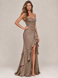 Strapless Lace Appliques Corset Satin Prom Dress Ruffle Slit Evening Gown