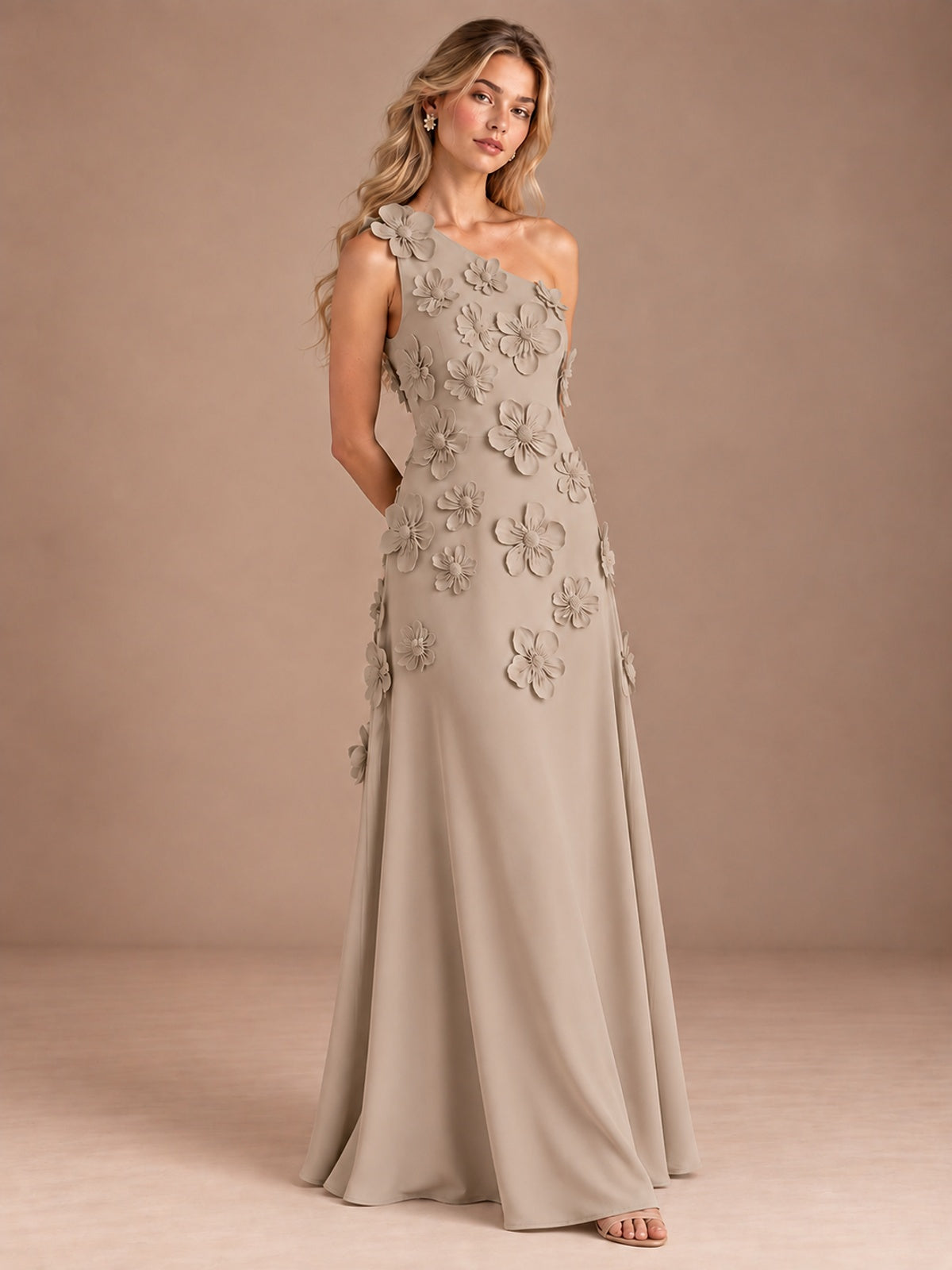 Sage Green One Shoulder Satin Formal Maxi Dress with 3D Floral