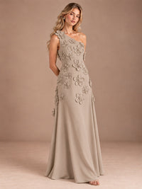 Sage Green One Shoulder Satin Formal Maxi Dress with 3D Floral