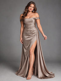 Off Shoulder Satin Maxi Dress with Slit