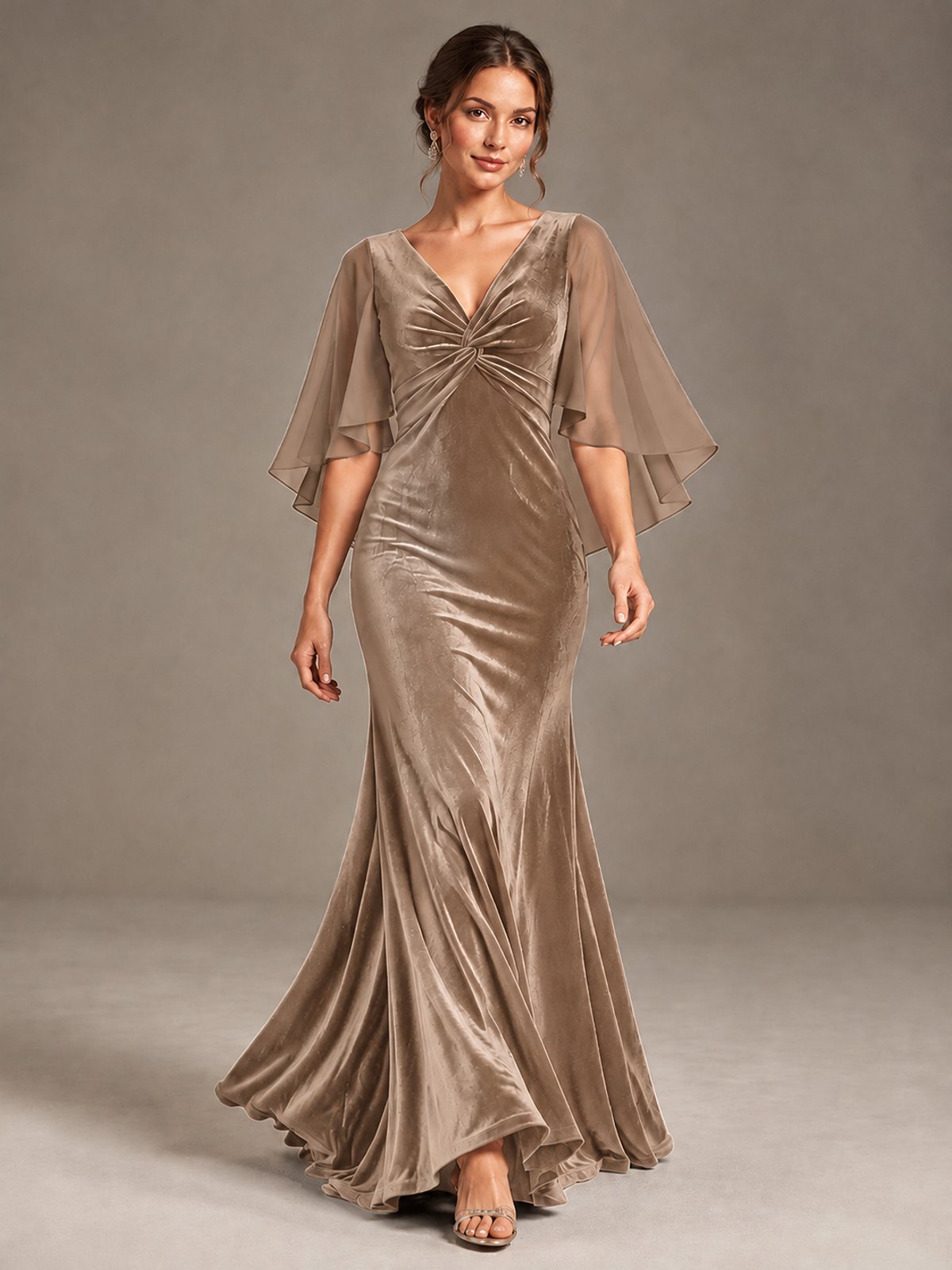 Navy Blue Velvet V Neck Mermaid Formal Dress with Flutter Cape Sleeves