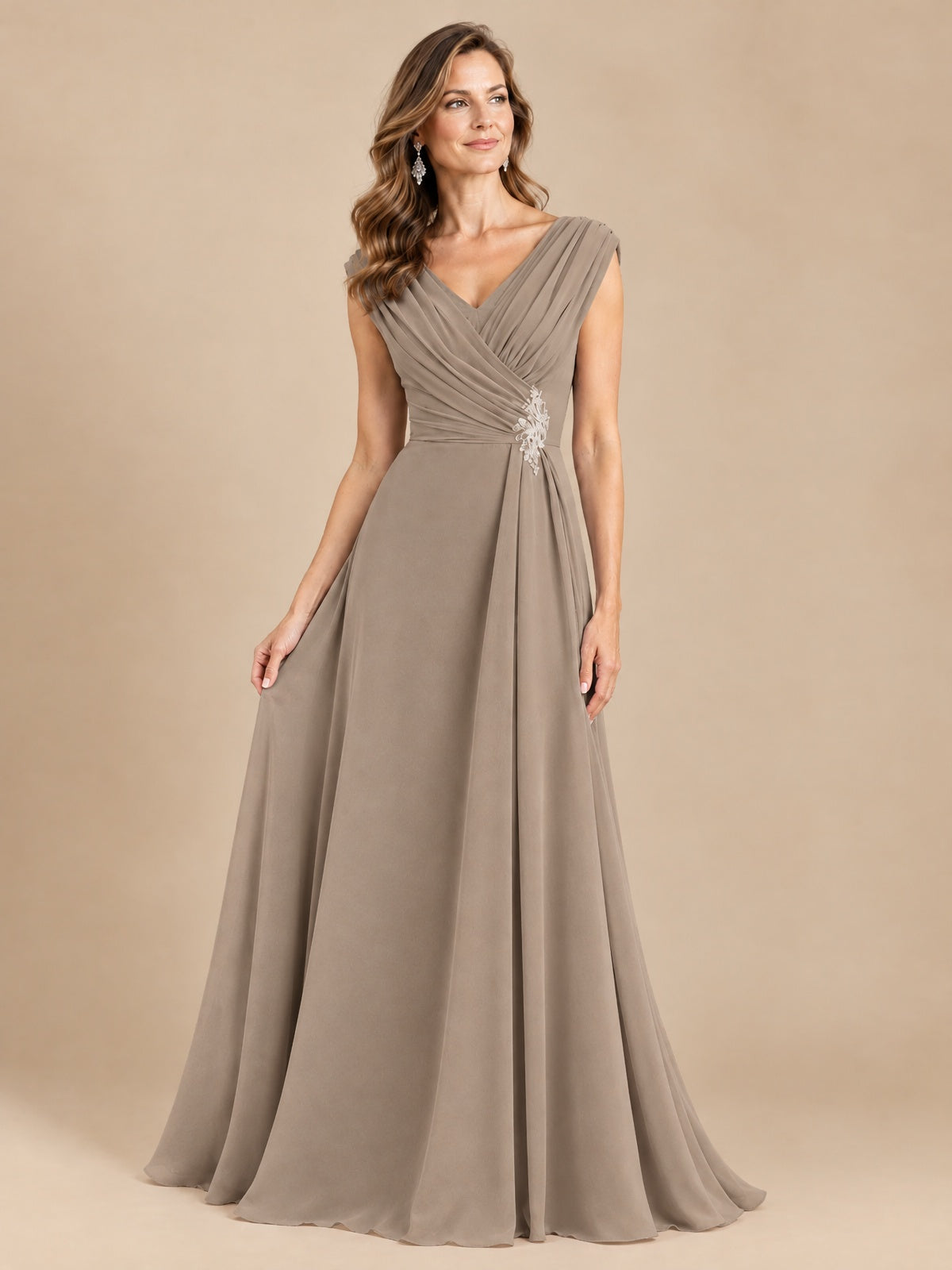 V Neck Pleated Mother of The Bride Dresses with Beading Cap Sleeves