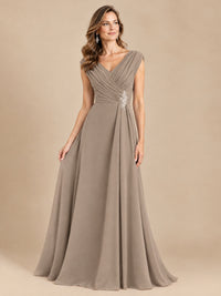 V Neck Pleated Mother of The Bride Dresses with Beading Cap Sleeves