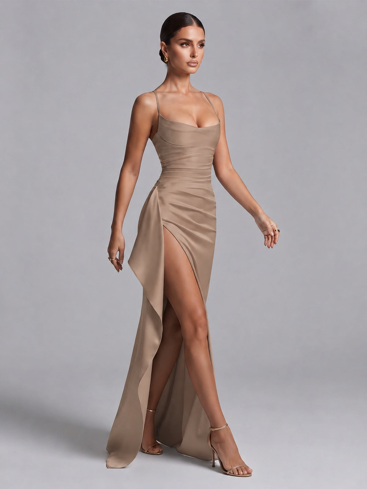Square Neck Satin Long Prom Dress with Ruffles