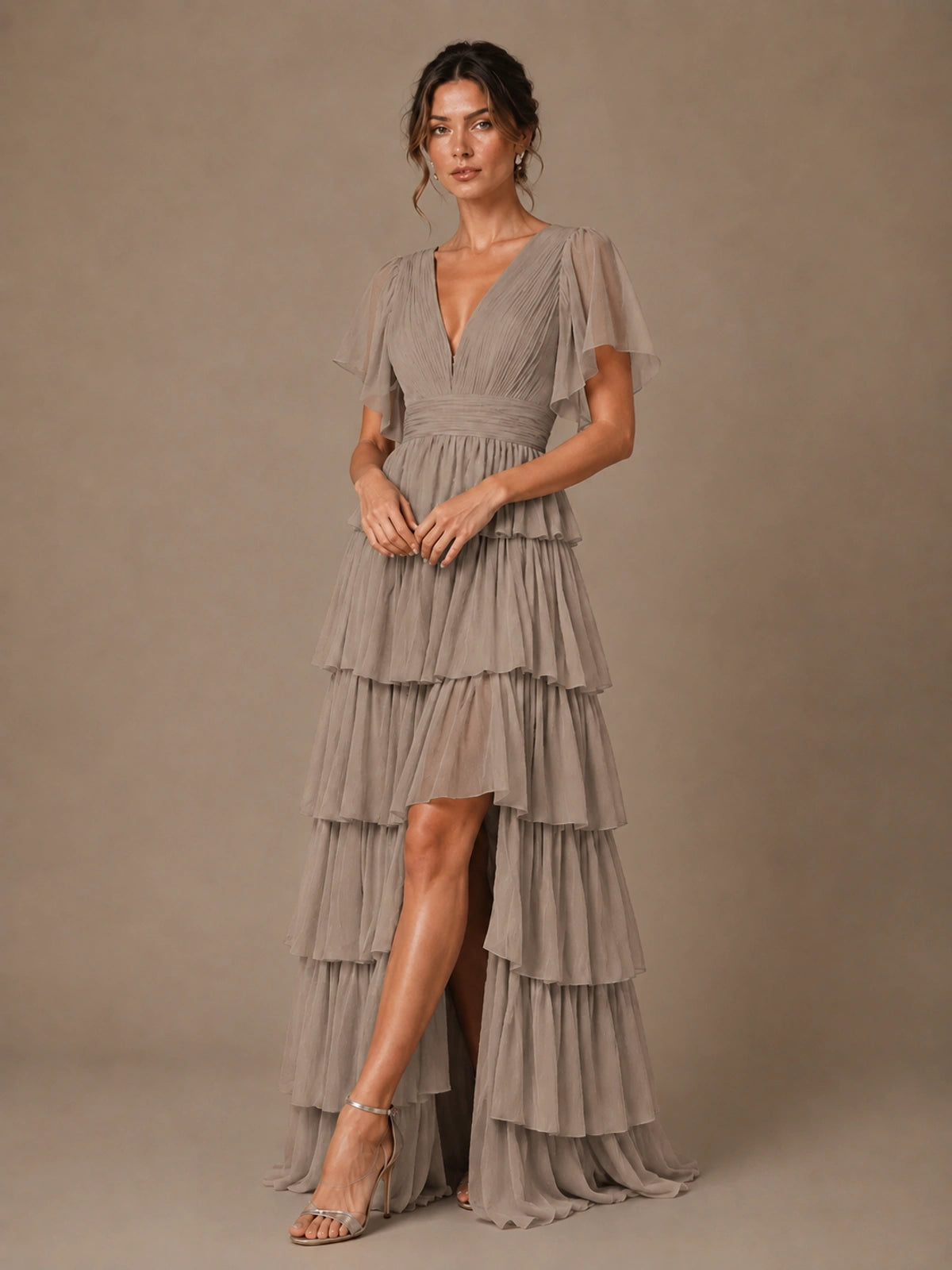 Chiffon V-Neck Tiered Ruffle Bridesmaid Dress with Slit