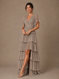 Chiffon V-Neck Tiered Ruffle Bridesmaid Dress with Slit