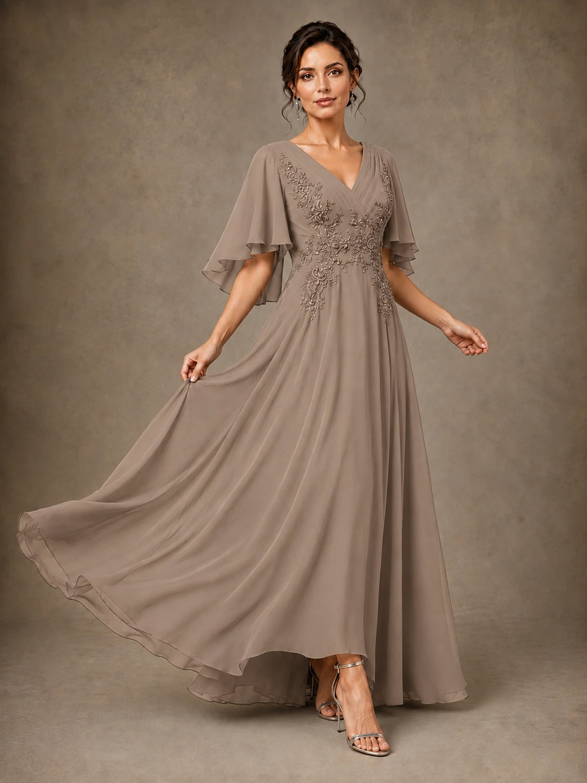 V-Neck Chiffon Lace Mother of the Bride Dress with Flutter Sleeves