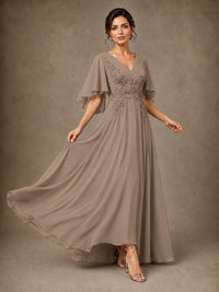 V-Neck Chiffon Lace Mother of the Bride Dress with Flutter Sleeves