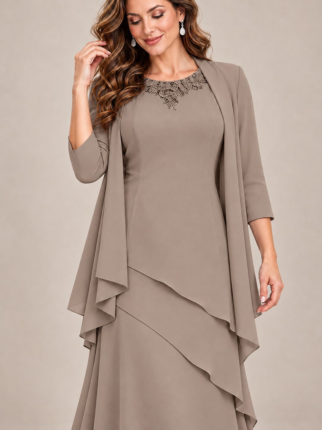 Dusty Blue Two-Piece Chiffon Mother of the Bride Dress with Jacket