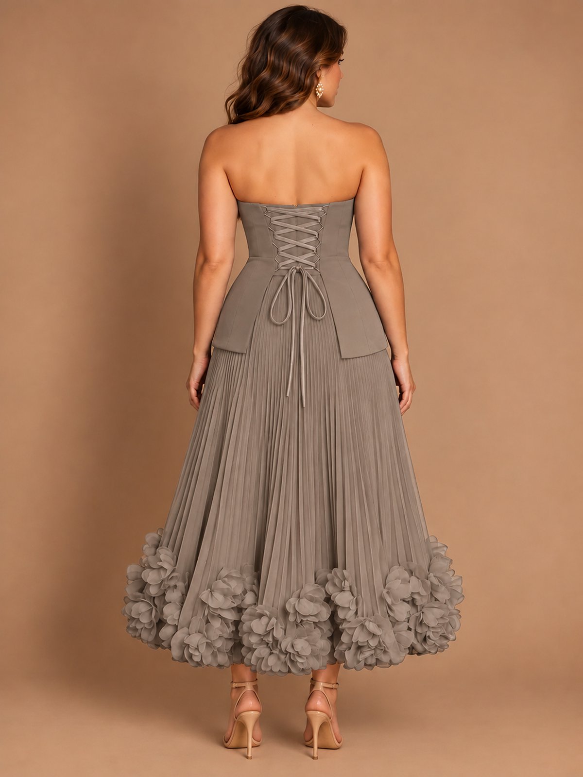 Navy Blue Strapless Pleated A-Line Midi Dress with 3D Floral Applique