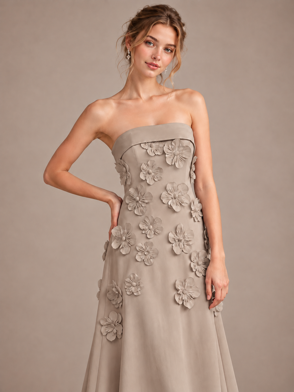 Yellow Strapless 3D Floral Appliques Maxi Dress