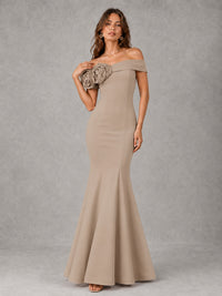 Blush Pink Off Shoulder Mermaid Bridesmaid Dress with Floral Rosette