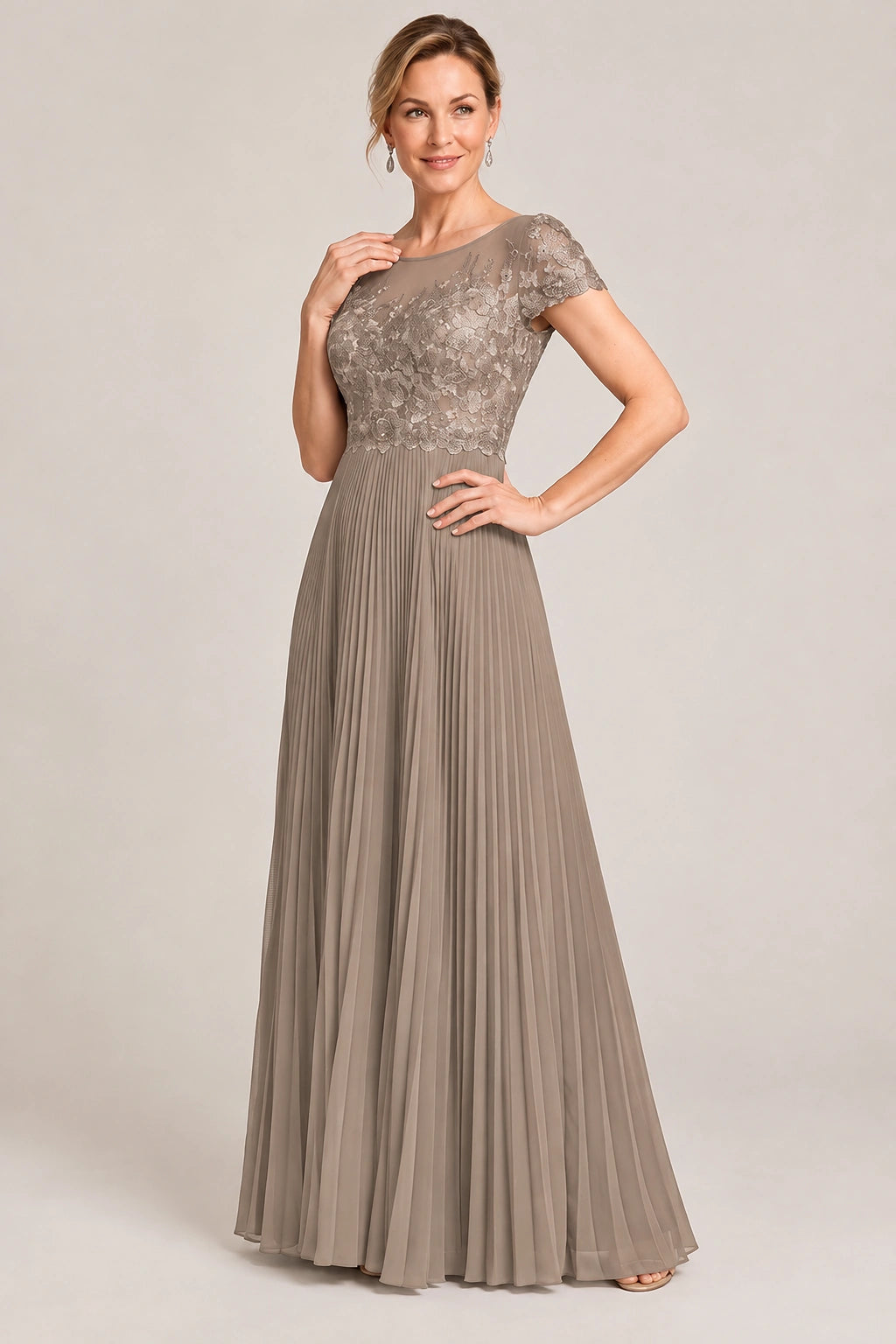 Embroidered Lace Pleated Mother of the Bride Dress