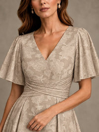 V-Neck Floral Jacquard Tea-Length Mother of the Bride Dress