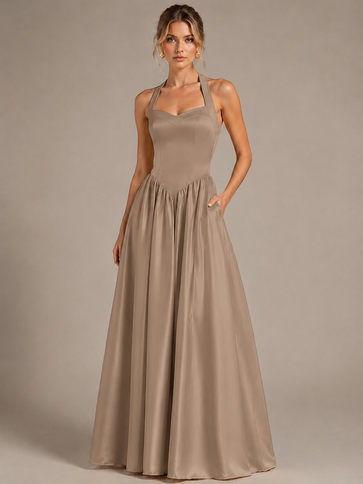 Light Yellow Halter Neck Satin A-Line Maxi Dress with Pockets