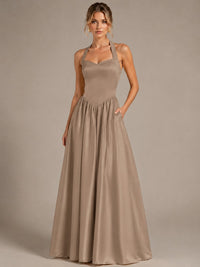 Light Yellow Halter Neck Satin A-Line Maxi Dress with Pockets