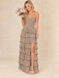 Ruffled Tiered Chiffon Prom Dress Spaghetti Straps Formal Maxi Dress with Slit