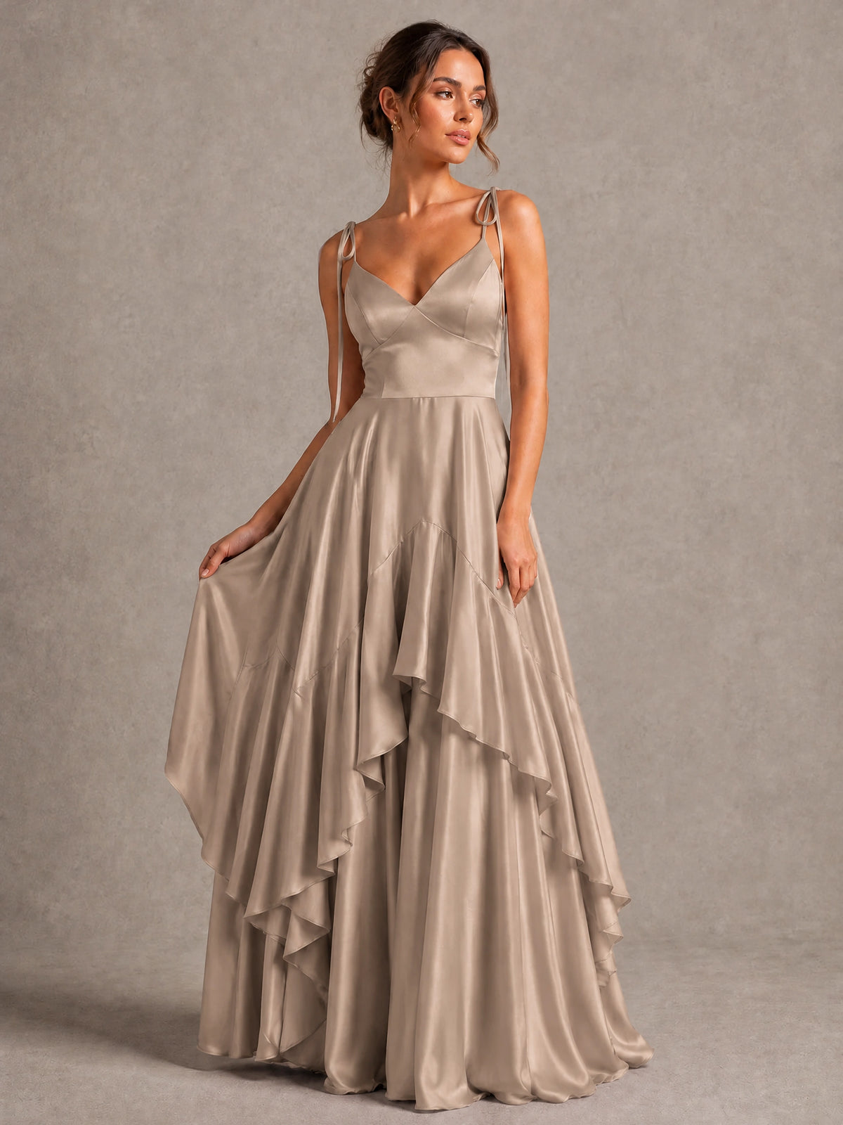 Lavender Satin V-Neck Ruffle Maxi Dress
