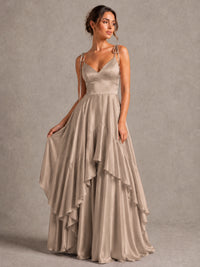 Lavender Satin V-Neck Ruffle Maxi Dress