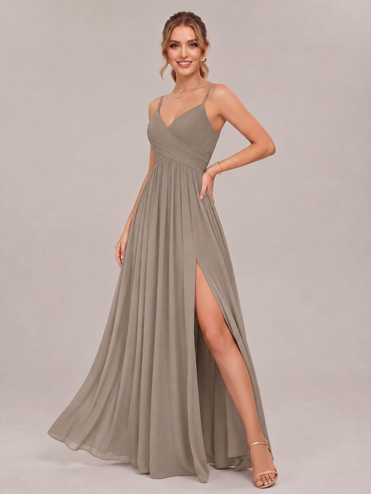 V-Neck Pleated Chiffon Long Bridesmaid Dress with Slit