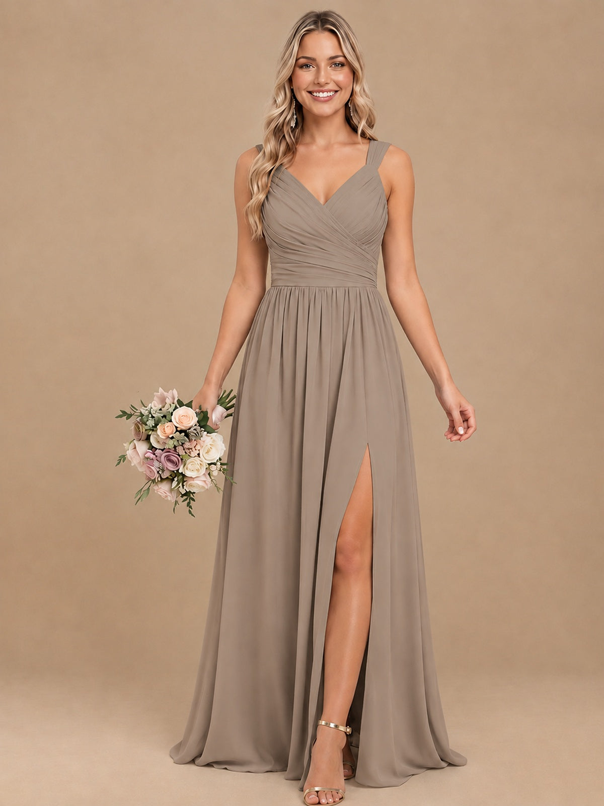 Pleated Chiffon V Neck Wedding Bridesmaid Dresses Floor Length with Slit