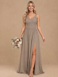 Pleated Chiffon V Neck Wedding Bridesmaid Dresses Floor Length with Slit