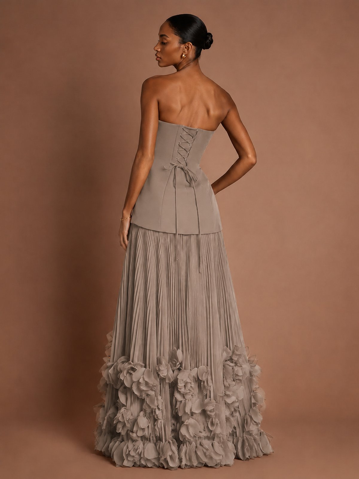 Strapless Pleated Floral Satin Formal Dress with Side Slit