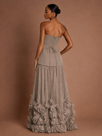 Strapless Pleated Floral Satin Formal Dress with Side Slit