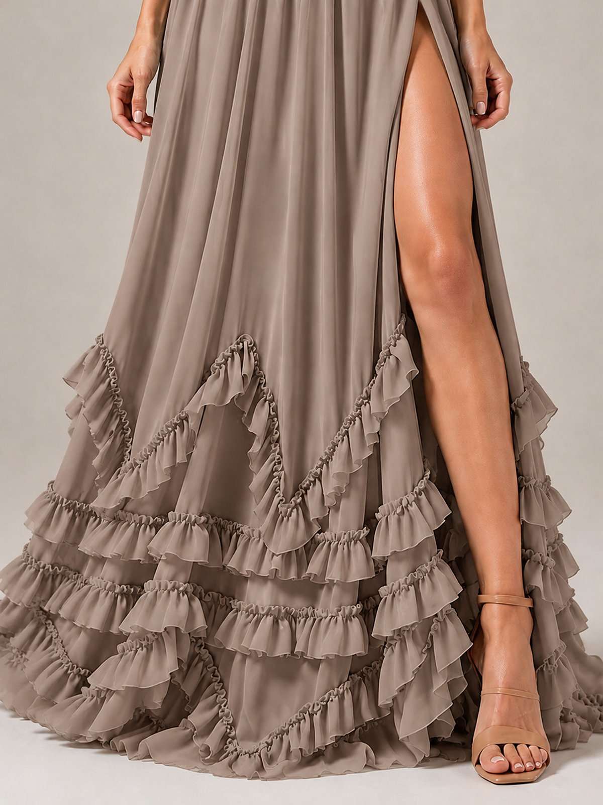 Halter V Neck Chiffon Formal Dress with Lace-Up Back and Ruffle Hem