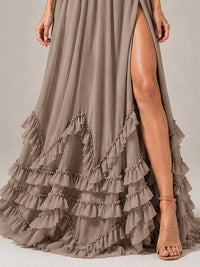 Halter V Neck Chiffon Formal Dress with Lace-Up Back and Ruffle Hem