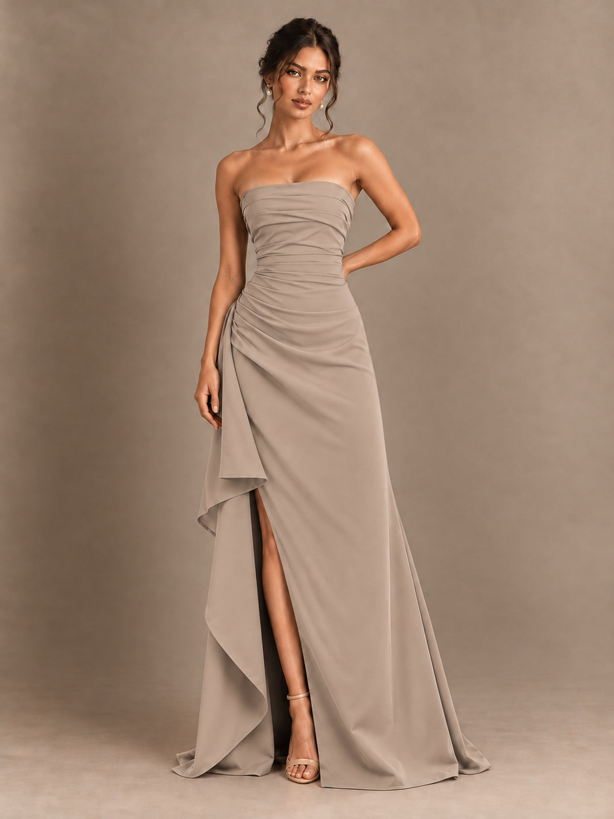 Black and White Strapless Ruched Prom Dress with High Slit & Side Drape