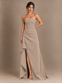 Black and White Strapless Ruched Prom Dress with High Slit & Side Drape