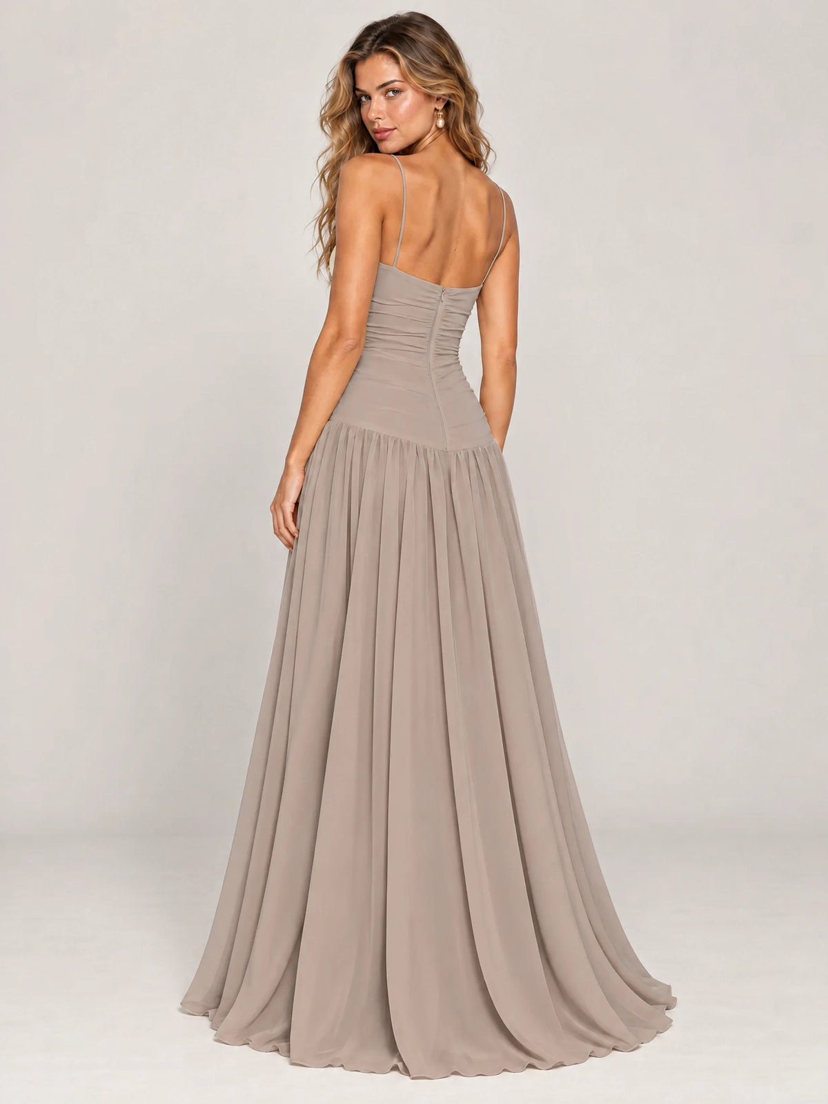 Butter Yellow Ruched Spaghetti Strap Drop-Waist Prom Dress