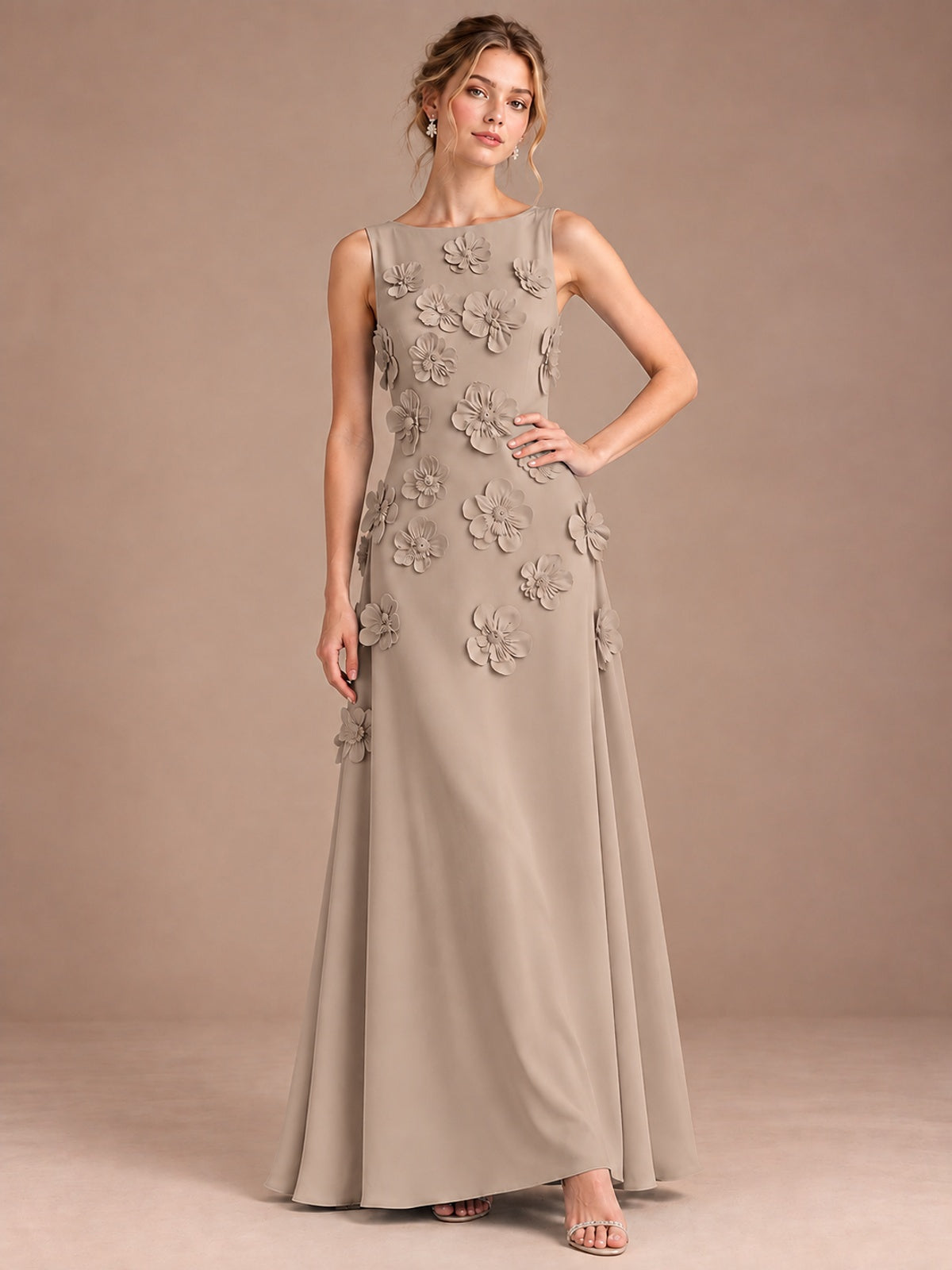 3D Floral Applique Sleeveless Formal Maxi Dress