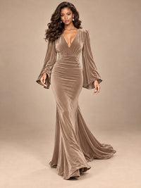 Burgundy Velvet Deep V-Neck Ruched Long Sleeve Maxi Dress