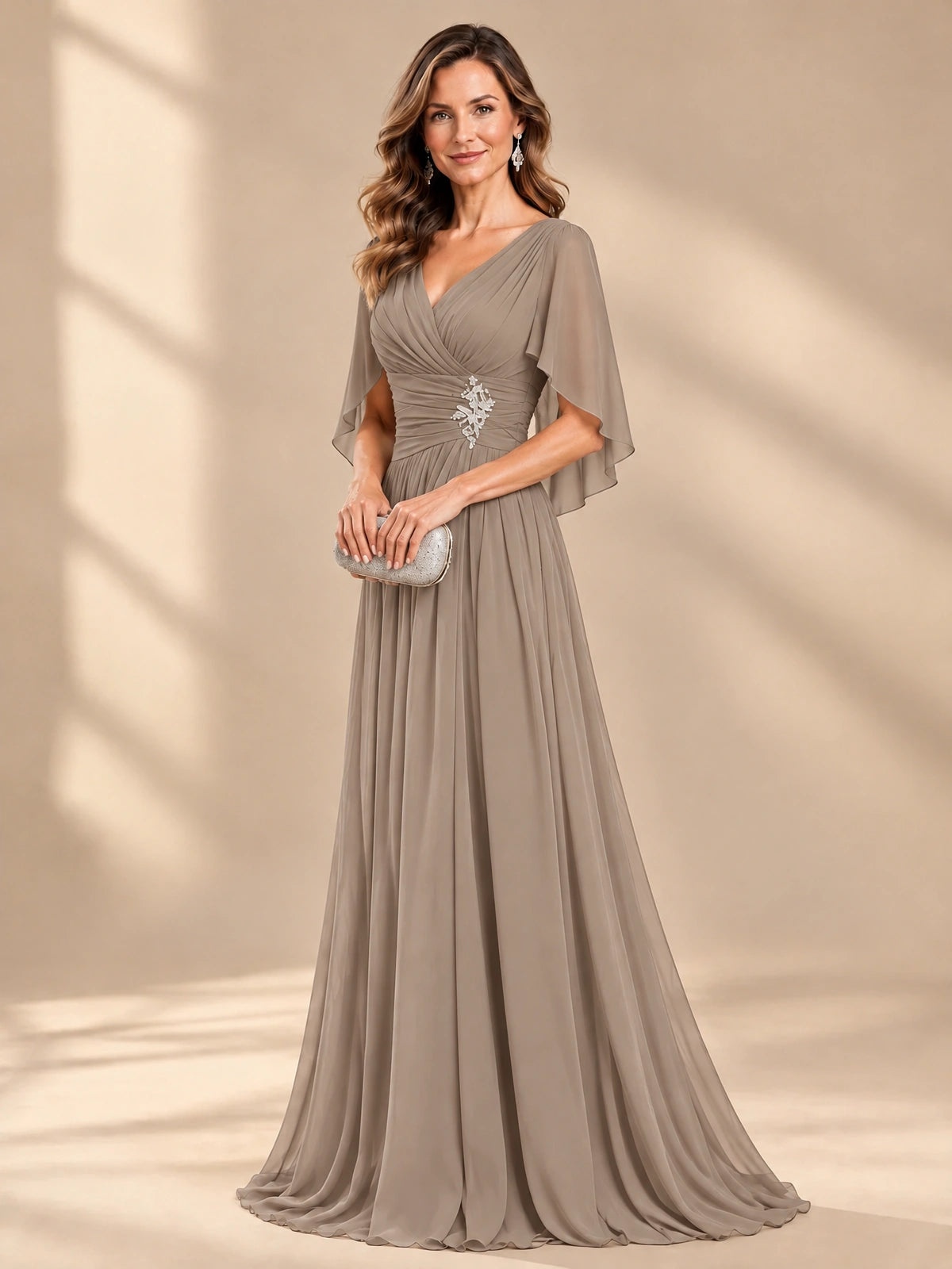Ruched V Neck Mother of The Bride Dresses with Shawls Appliques and Cap Sleeves