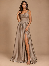 Cowl Neck Pleated Satin Prom Dress with Pockets & Slit Maxi Formal Gowns