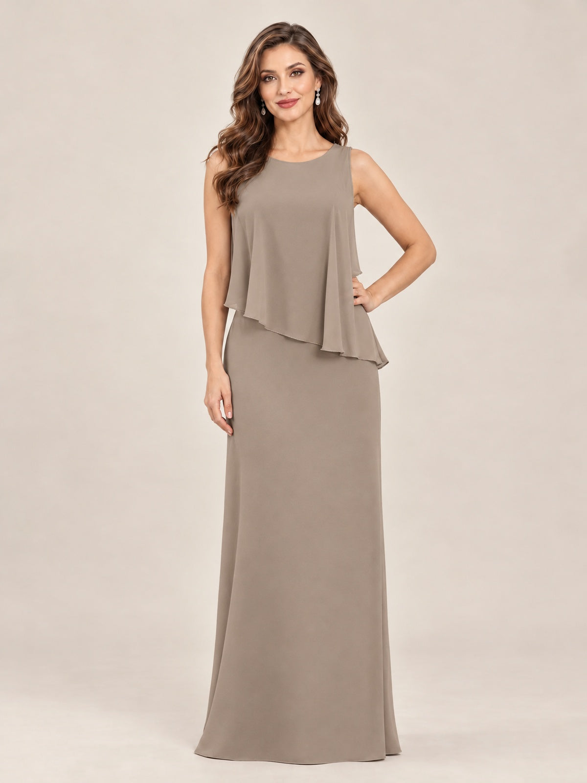 Cape Sleeve Mother of the Bride Dress with Asymmetrical Overlay