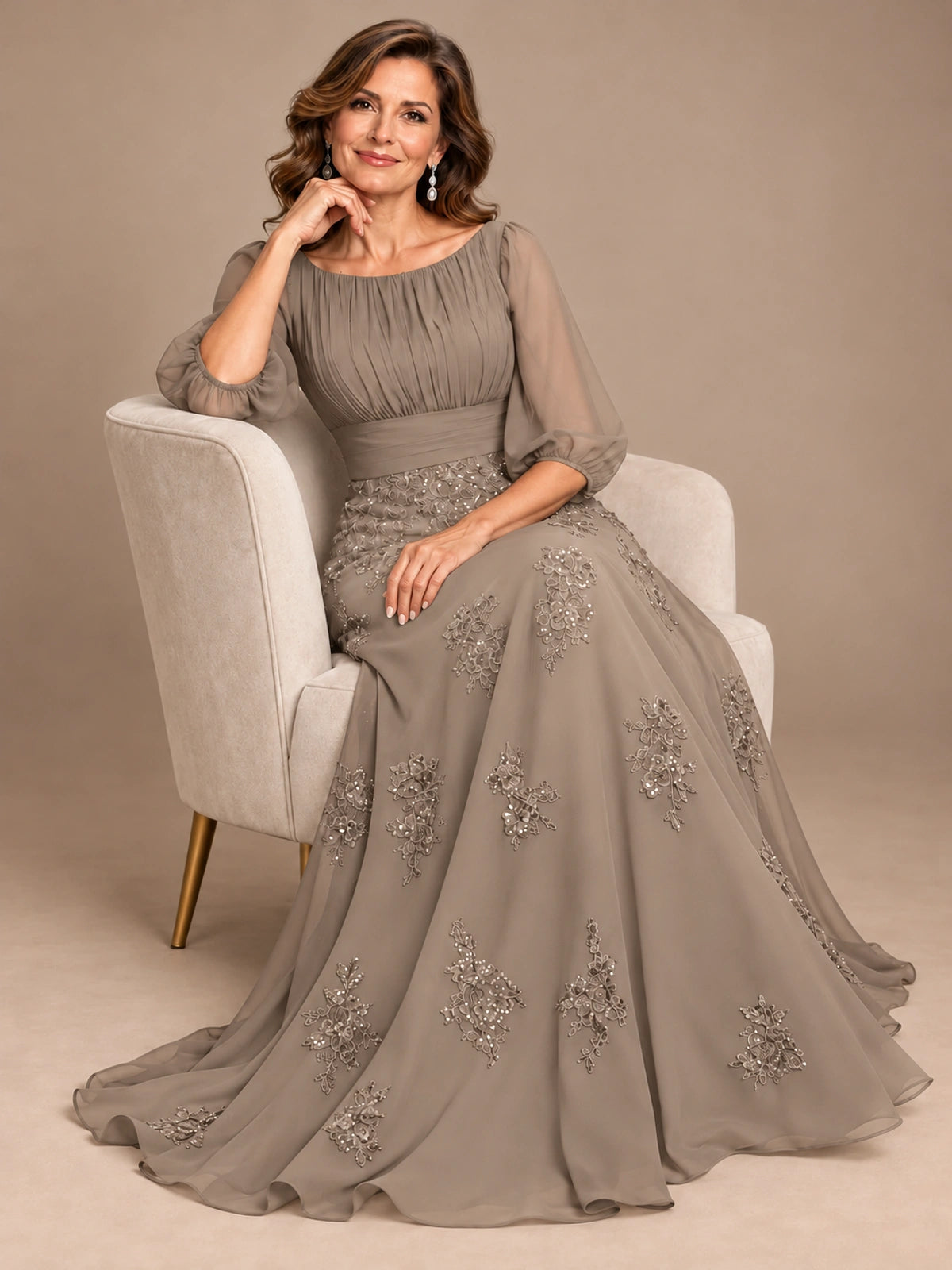 A-Line Mother of the Bride Dress with Sheer Puff Sleeves