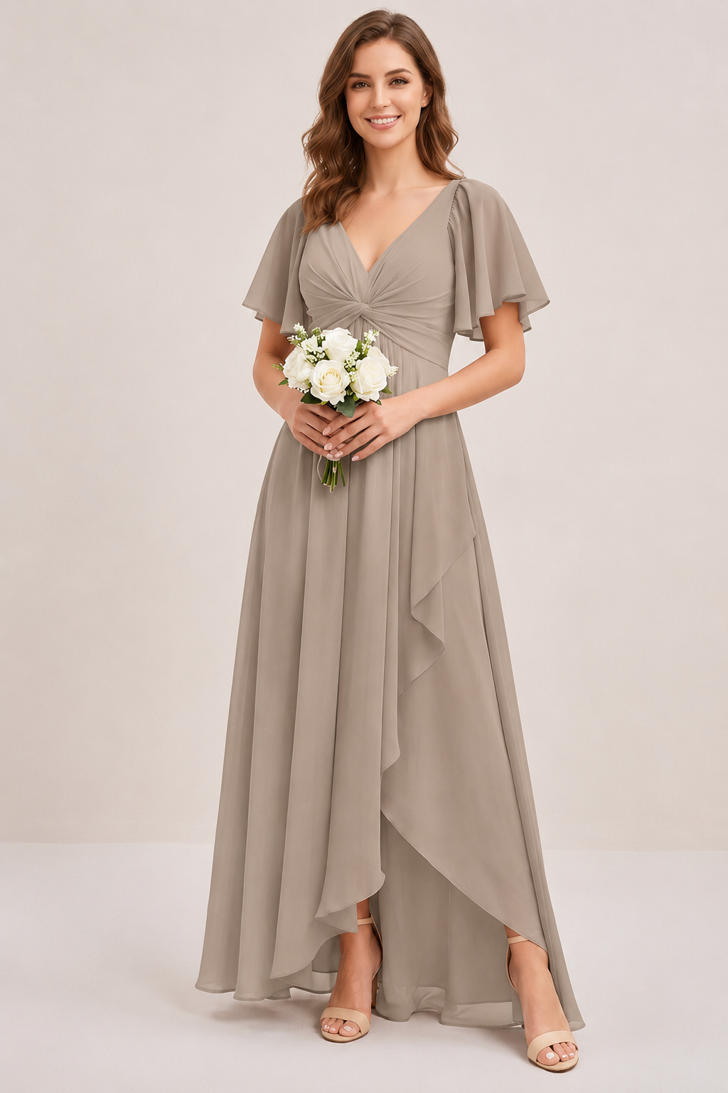 Dusty Blue Chiffon Bridesmaid Dress with Flutter Sleeves & High-Low Hem