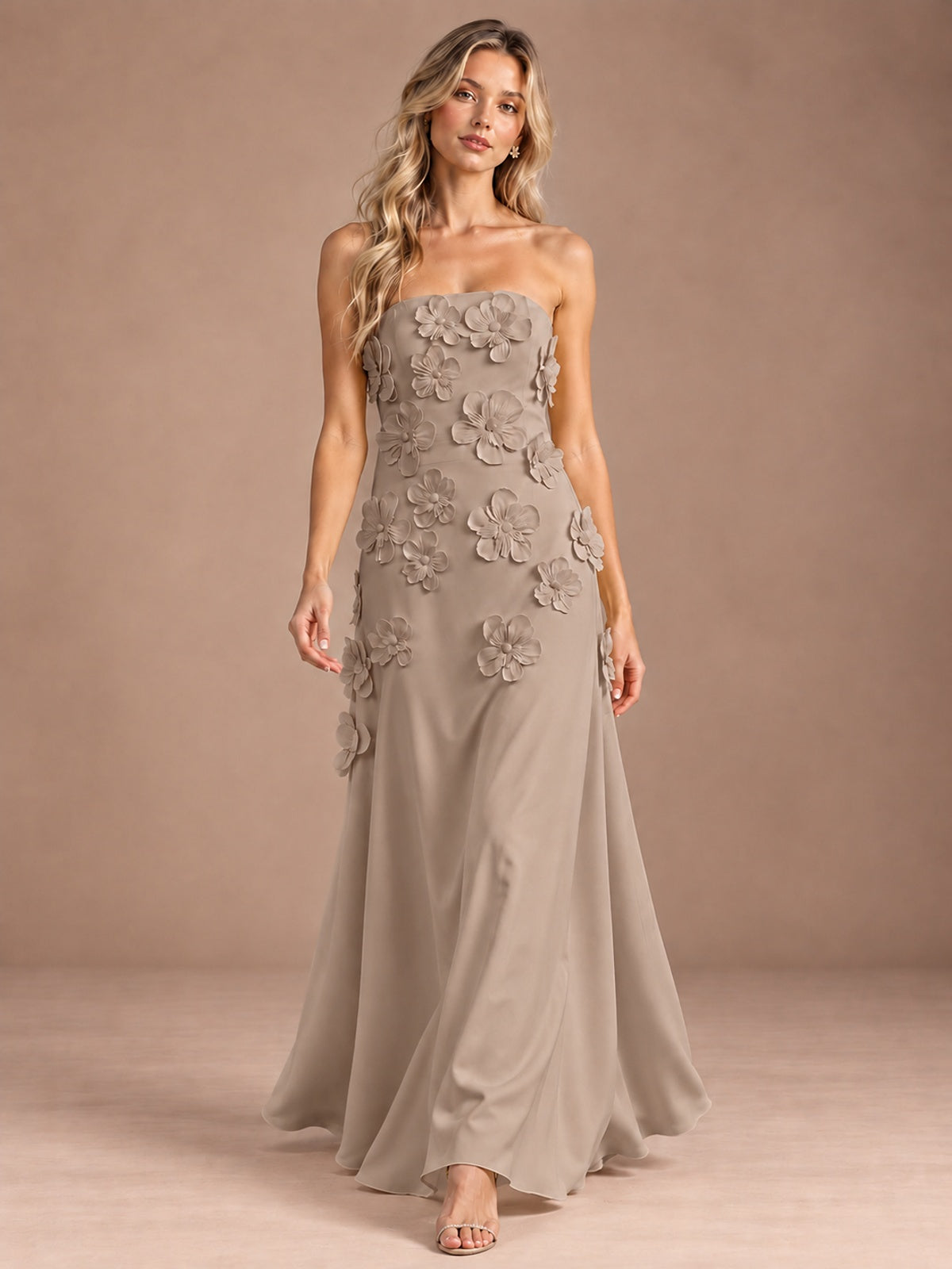 Yellow Strapless A-line Satin Maxi Dress with 3D Floral
