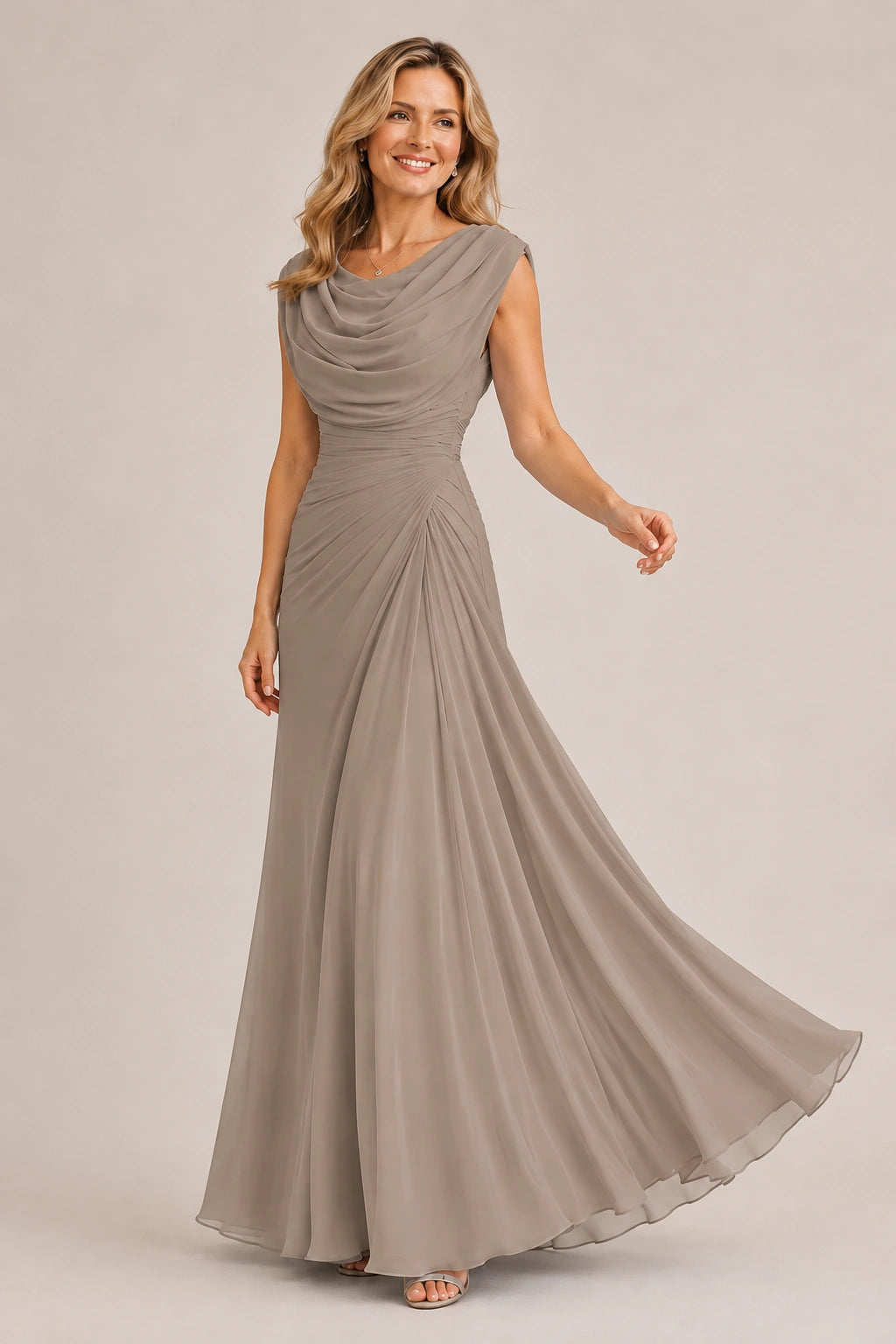 Cowl Neck Ruched Chiffon Mother of the Bride Dress