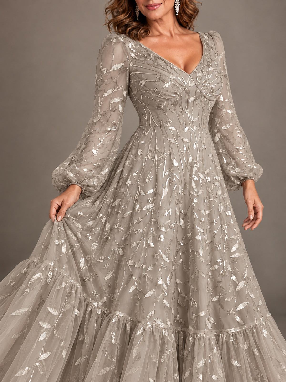 Floral Sequin Embroidered A-Line Mother of the Bride Dress with Long Sleeves