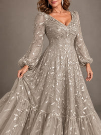 Floral Sequin Embroidered A-Line Mother of the Bride Dress with Long Sleeves