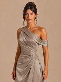 Satin One Shoulder Prom Dress Ruched Long Formal Evening Gown