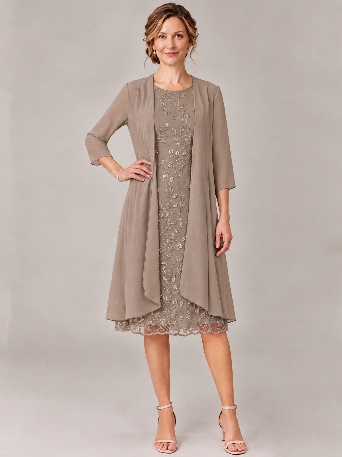 Tea Length Sequin Lace Mother of The Bride Dress with Chiffon Jacket